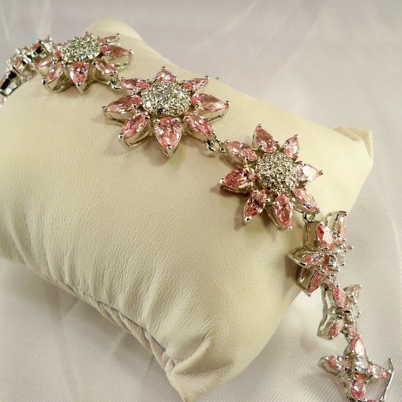 NEW Rare Vintage S Somers (Signature) Pink Flowers Cubic Zirconias 925 Bracelet